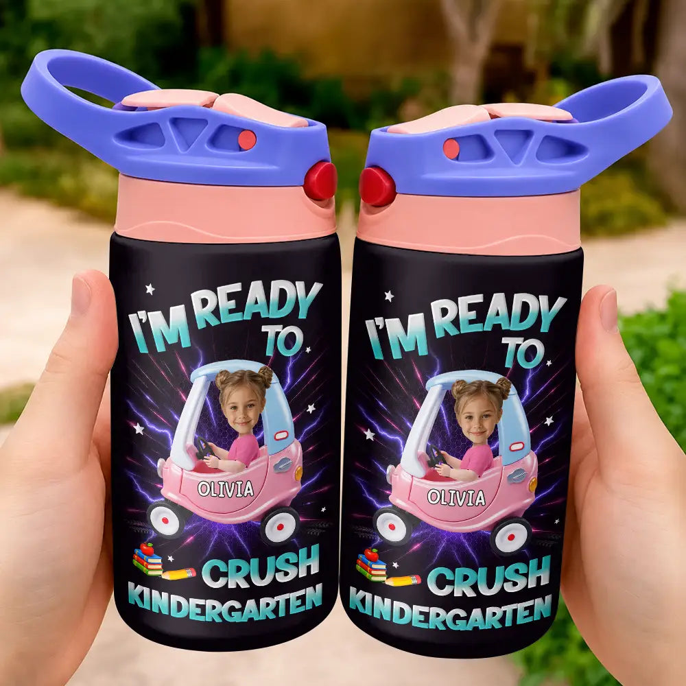 Adorable, Back To School, Custom Photo, Gift For Kids, Cut-Face Photo - Custom Photo Kid Riding Truck Car Ready To Crush Kindergarten - Personalized Insulated Water Bottle With Straw