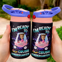 Adorable, Back To School, Custom Photo, Gift For Kids, Cut-Face Photo - Custom Photo Kid Riding Truck Car Ready To Crush Kindergarten - Personalized Insulated Water Bottle With Straw