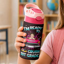 Adorable, Back To School, Custom Photo, Gift For Kids, Cut-Face Photo - Custom Photo Kid Riding Truck Car Ready To Crush Kindergarten - Personalized Insulated Water Bottle With Straw