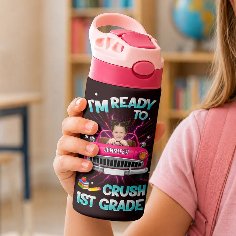 Adorable, Back To School, Custom Photo, Gift For Kids, Cut-Face Photo - Custom Photo Kid Riding Truck Car Ready To Crush Kindergarten - Personalized Insulated Water Bottle With Straw