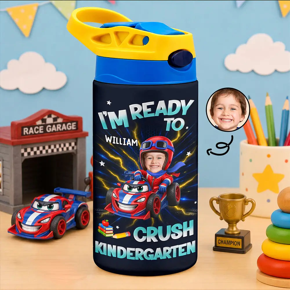 Custom Photo Kid Riding Truck Car Ready To Crush Kindergarten - Personalized Insulated Water Bottle With Straw