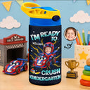 Adorable, Back To School, Custom Photo, Gift For Kids, Cut-Face Photo - Custom Photo Kid Riding Truck Car Ready To Crush Kindergarten - Personalized Insulated Water Bottle With Straw
