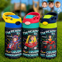Adorable, Back To School, Custom Photo, Gift For Kids, Cut-Face Photo - Custom Photo Kid Riding Truck Car Ready To Crush Kindergarten - Personalized Insulated Water Bottle With Straw