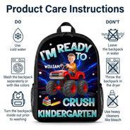 Adorable,Back To School,Custom Photo,Gift For Kids,Cut-Face Photo - Custom Photo Kid Riding Truck Car Ready To Crush Kindergarten - Personalized Kids Backpack