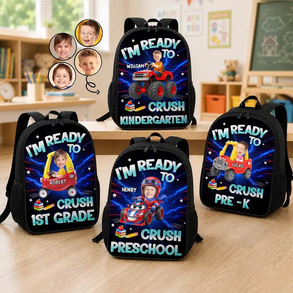 Adorable,Back To School,Custom Photo,Gift For Kids,Cut-Face Photo - Custom Photo Kid Riding Truck Car Ready To Crush Kindergarten - Personalized Kids Backpack