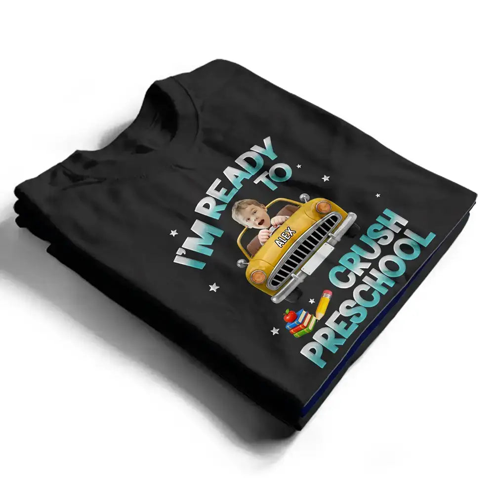 Top Market,Adorable,Back To School,Custom Photo,Gift For Kids,Cut-Face Photo - Custom Photo Kid Riding Truck Car Ready To Crush Kindergarten - Personalized T Shirt