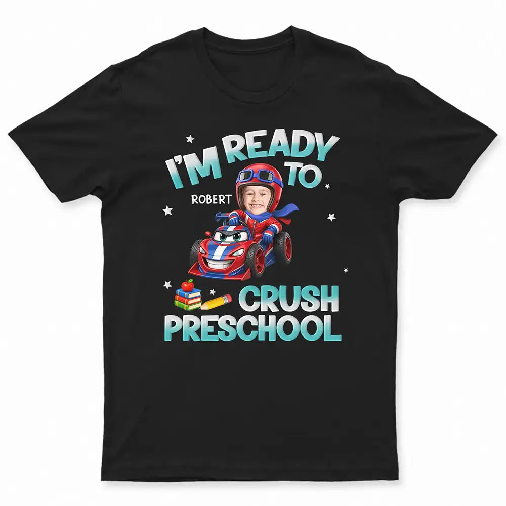 Top Market,Adorable,Back To School,Custom Photo,Gift For Kids,Cut-Face Photo - Custom Photo Kid Riding Truck Car Ready To Crush Kindergarten - Personalized T Shirt