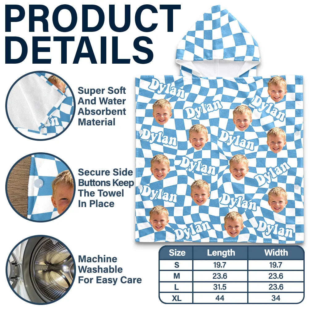 Custom Photo,Gift For Kids,Beach,Summer,Adorable,Cut-Face Photo - Custom Photo Kid Summer Plaid With Name - Personalized Kids Hooded Poncho Towel
