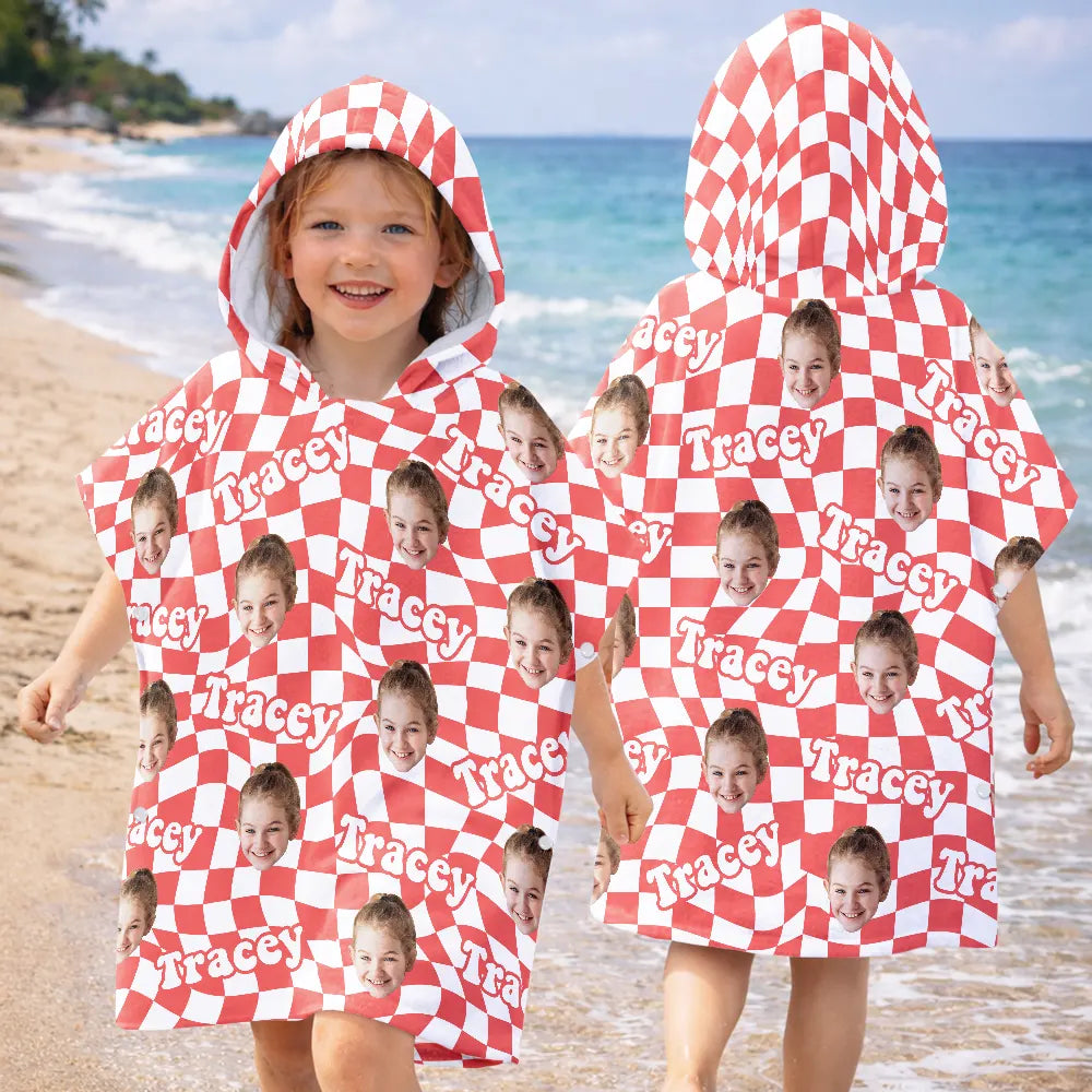 Custom Photo,Gift For Kids,Beach,Summer,Adorable,Cut-Face Photo - Custom Photo Kid Summer Plaid With Name - Personalized Kids Hooded Poncho Towel