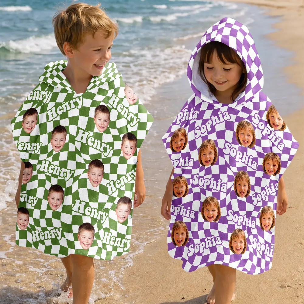 Custom Photo,Gift For Kids,Beach,Summer,Adorable,Cut-Face Photo - Custom Photo Kid Summer Plaid With Name - Personalized Kids Hooded Poncho Towel