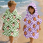 Custom Photo,Gift For Kids,Beach,Summer,Adorable,Cut-Face Photo - Custom Photo Kid Summer Plaid With Name - Personalized Kids Hooded Poncho Towel