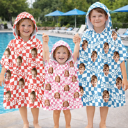 Custom Photo,Gift For Kids,Beach,Summer,Adorable,Cut-Face Photo - Custom Photo Kid Summer Plaid With Name - Personalized Kids Hooded Poncho Towel