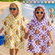 Custom Photo,Gift For Kids,Beach,Summer,Adorable,Cut-Face Photo - Custom Photo Kid Summer Plaid With Name - Personalized Kids Hooded Poncho Towel