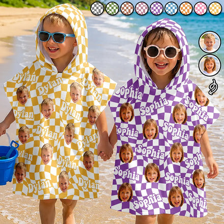 Custom Photo Kid Summer Plaid With Name - Personalized Kids Hooded Poncho Towel