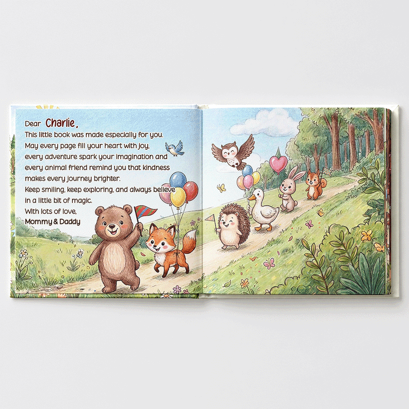Parents,Art Design,Playful,Back To School,Reading,Photo - Colored Pencil ,Custom Text - Custom Photo Kid's Adventure Little Animal Parade Colored Sketch - Personalized Story Picture Book