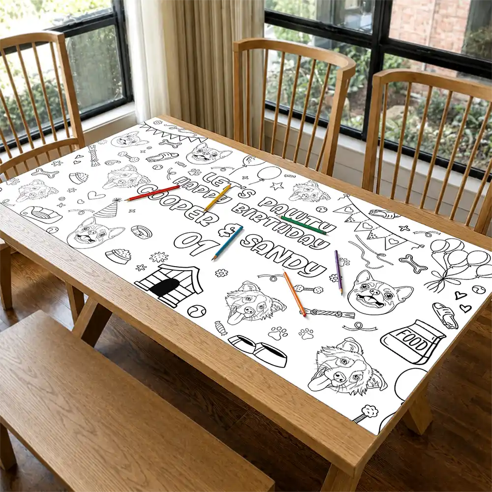 Art Design,Playful,Back To School,Pet Lovers,Photo - Outline Sketch,Icon - Custom Photo Let's Pawty Dog Cat Birthday Outline Sketch - Personalized Coloring Tablecloth