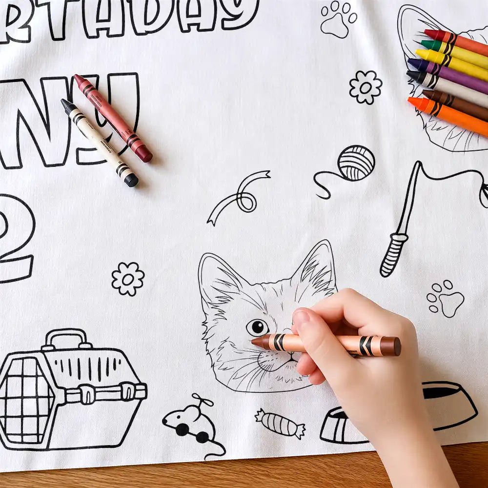 Art Design,Playful,Back To School,Pet Lovers,Photo - Outline Sketch,Icon - Custom Photo Let's Pawty Dog Cat Birthday Outline Sketch - Personalized Coloring Tablecloth
