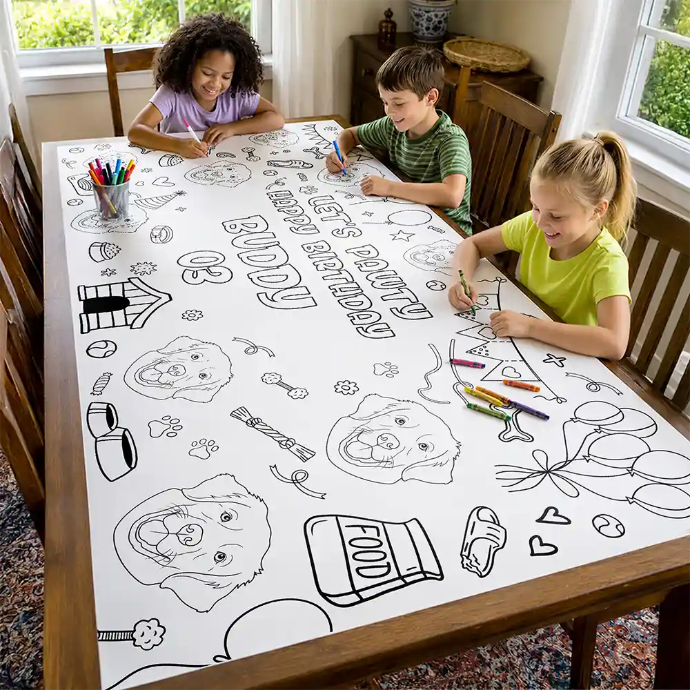 Art Design,Playful,Back To School,Pet Lovers,Photo - Outline Sketch,Icon - Custom Photo Let's Pawty Dog Cat Birthday Outline Sketch - Personalized Coloring Tablecloth