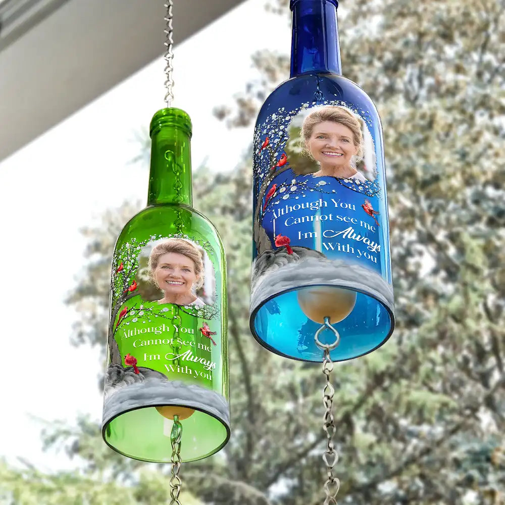 Memorial,Custom Photo,Family,Parents,Gift For Grandparents,Sad - Custom Photo Listen To The Wind And Think Of Me - Personalized Wine Bottle Wind Chime