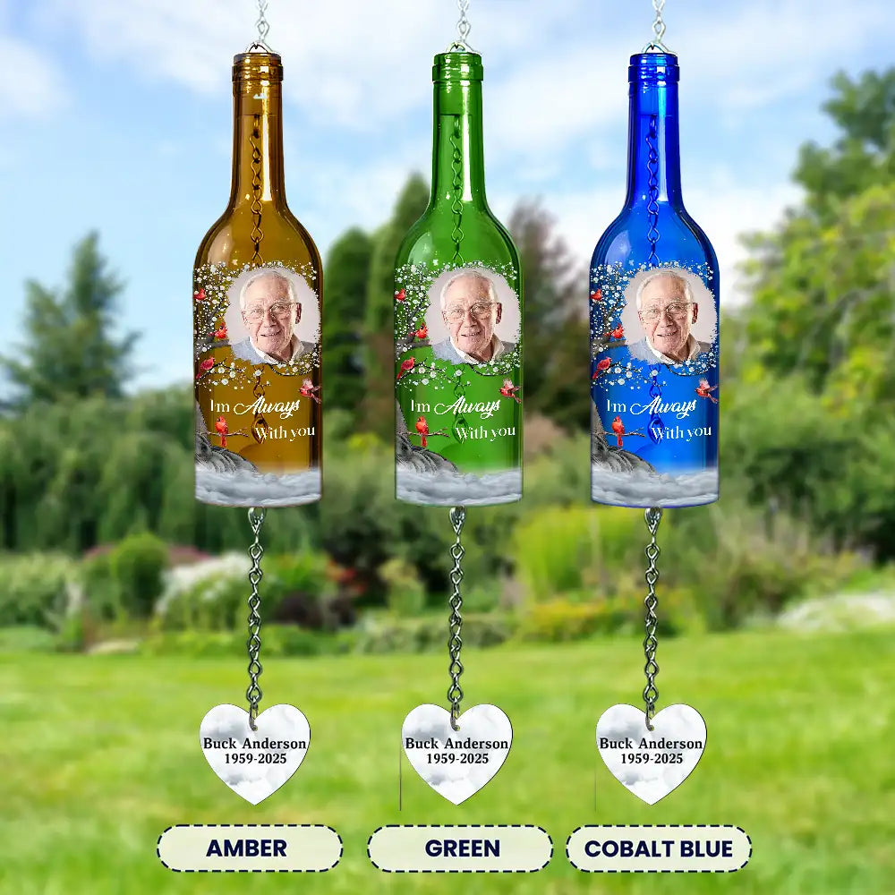 Memorial,Custom Photo,Family,Parents,Gift For Grandparents,Sad - Custom Photo Listen To The Wind And Think Of Me - Personalized Wine Bottle Wind Chime