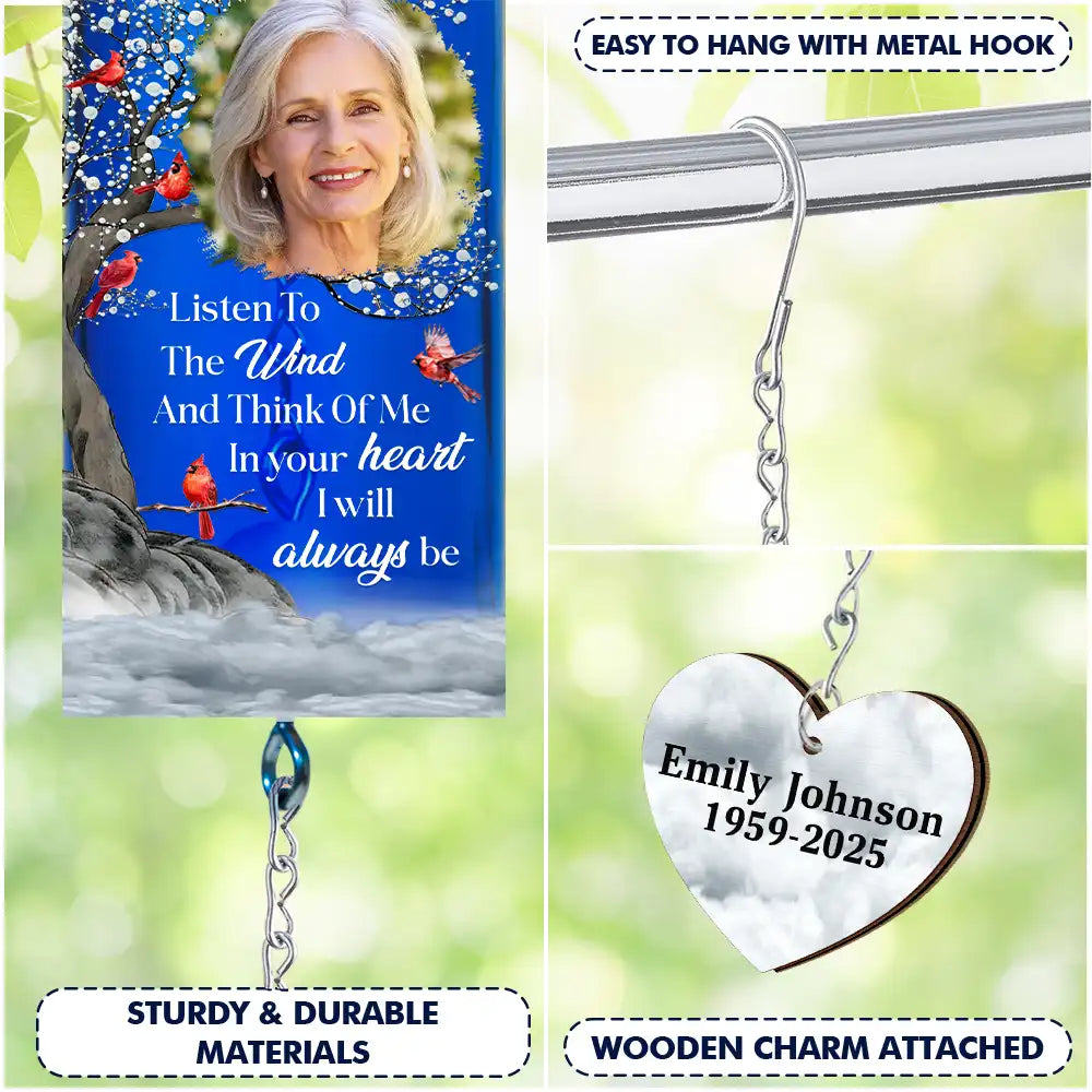 Memorial,Custom Photo,Family,Parents,Gift For Grandparents,Sad - Custom Photo Listen To The Wind And Think Of Me - Personalized Wine Bottle Wind Chime