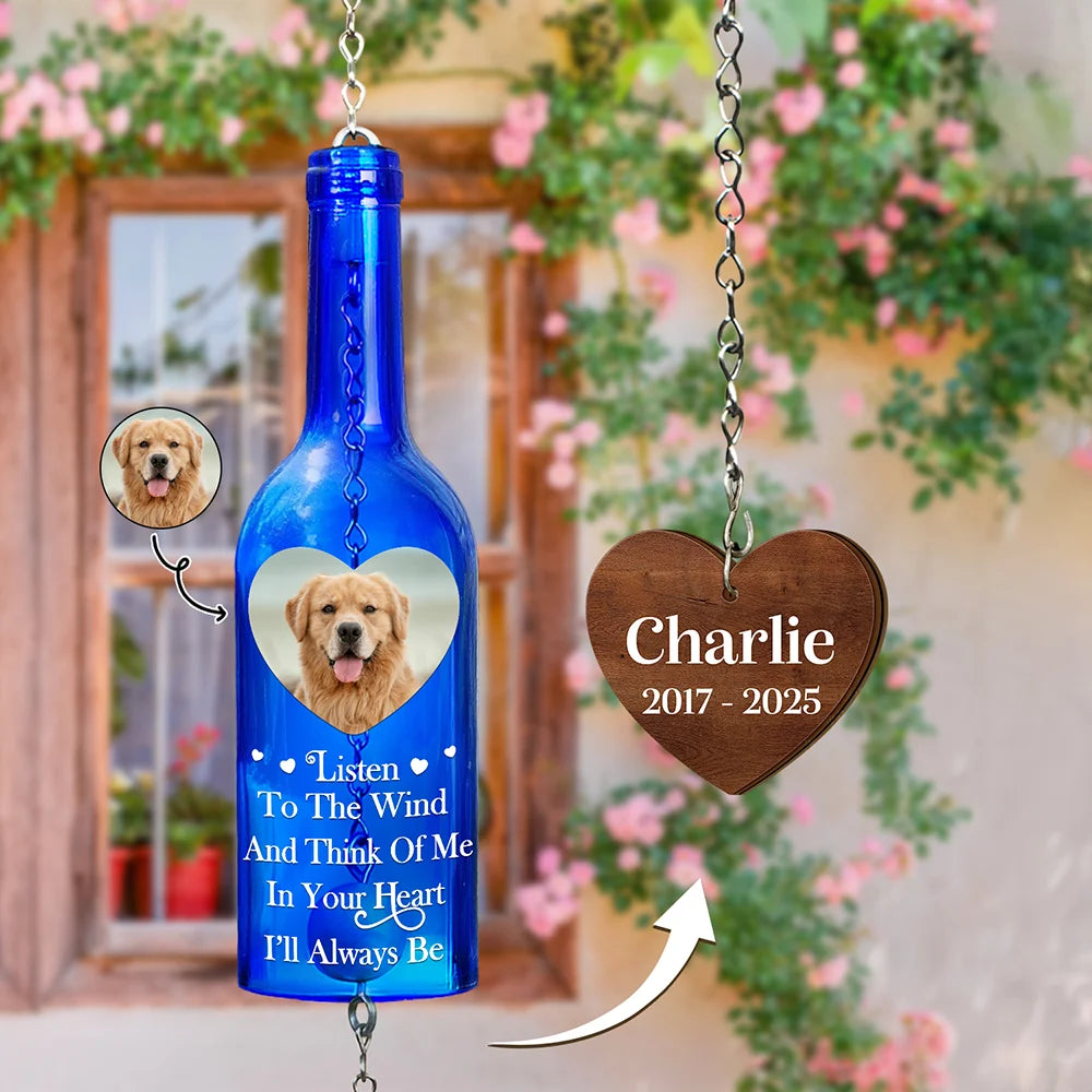Custom Photo Listen To The Wind And Think Of Me Memorial - Personalized Wine Bottle Wind Chime
