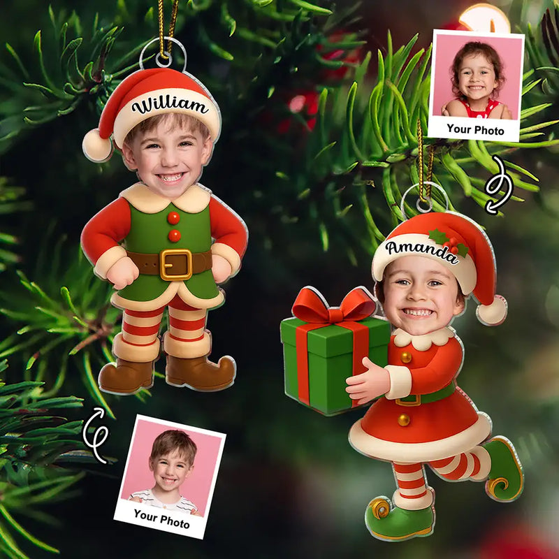 Gift For Kids, Gift For Grandkids, Christmas, Top Market, Happy - Custom Photo Little Elf Kids - Personalized Custom Shaped Acrylic Ornament