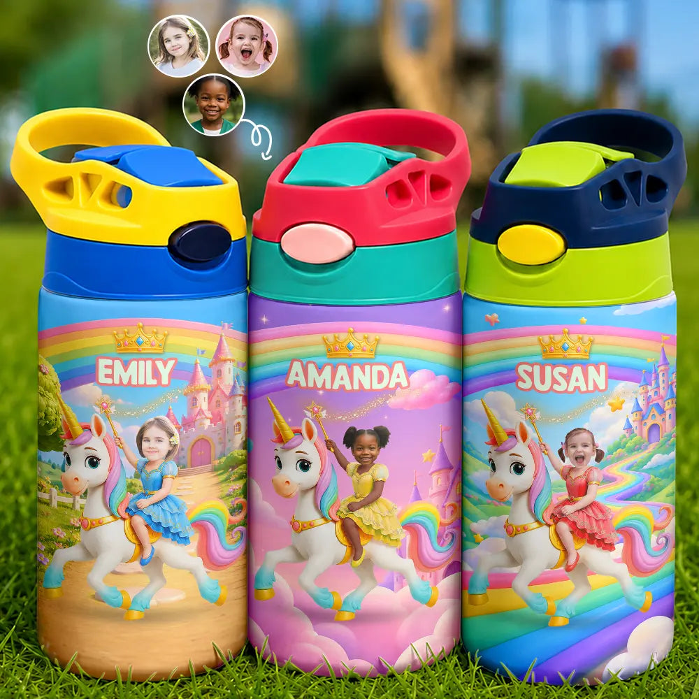 Adorable,Back To School,Custom Photo,Gift For Kids,Cut-Face Photo - Custom Photo Little Girl Princess Unicorn - Personalized Insulated Water Bottle With Strawa