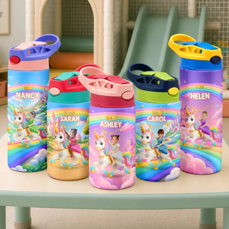 Adorable,Back To School,Custom Photo,Gift For Kids,Cut-Face Photo - Custom Photo Little Girl Princess Unicorn - Personalized Insulated Water Bottle With Strawa