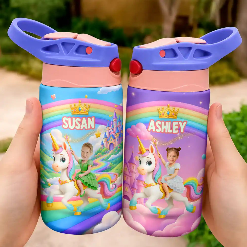 Adorable,Back To School,Custom Photo,Gift For Kids,Cut-Face Photo - Custom Photo Little Girl Princess Unicorn - Personalized Insulated Water Bottle With Strawa