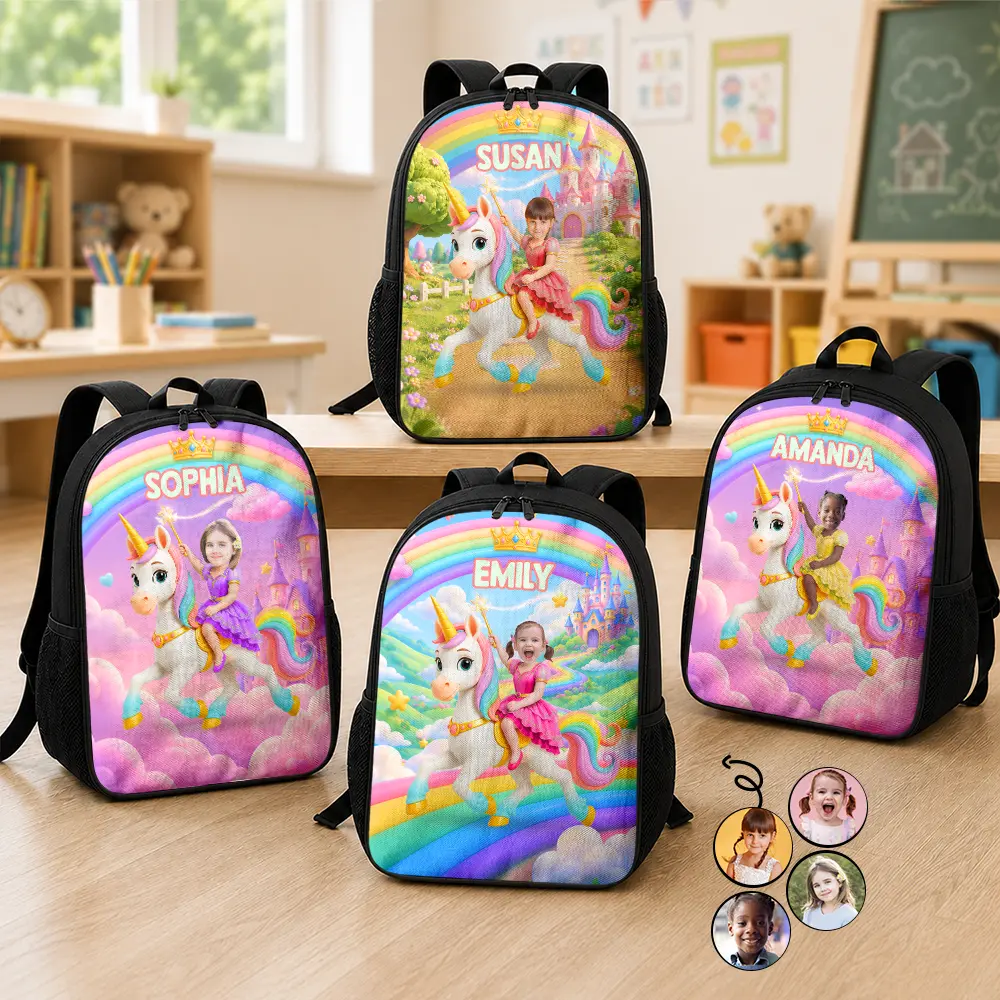 Custom Photo Little Girl Princess Unicorn - Personalized Kids Backpack