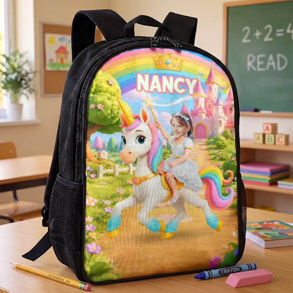 Adorable,Back To School,Custom Photo,Gift For Kids,Cut-Face Photo - Custom Photo Little Girl Princess Unicorn - Personalized Kids Backpack