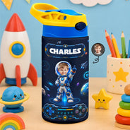 Adorable,Back To School,Custom Photo,Gift For Kids,Cut-Face Photo - Custom Photo Little Space Explorer - Personalized Insulated Water Bottle With Straw