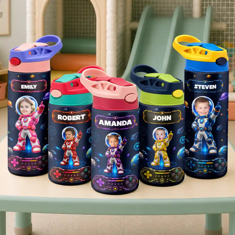 Adorable,Back To School,Custom Photo,Gift For Kids,Cut-Face Photo - Custom Photo Little Space Explorer - Personalized Insulated Water Bottle With Straw
