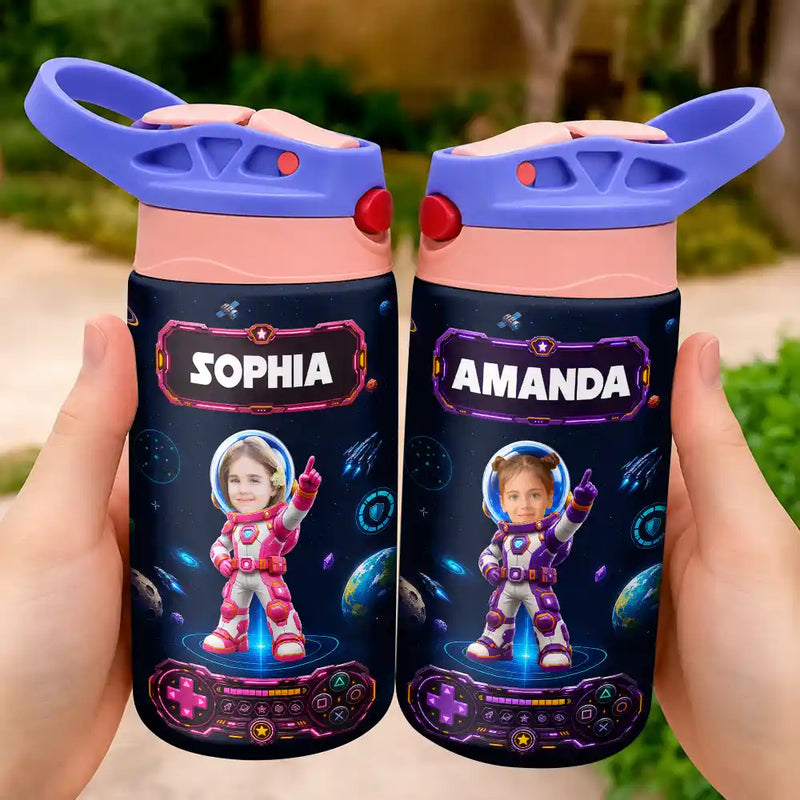 Adorable,Back To School,Custom Photo,Gift For Kids,Cut-Face Photo - Custom Photo Little Space Explorer - Personalized Insulated Water Bottle With Straw