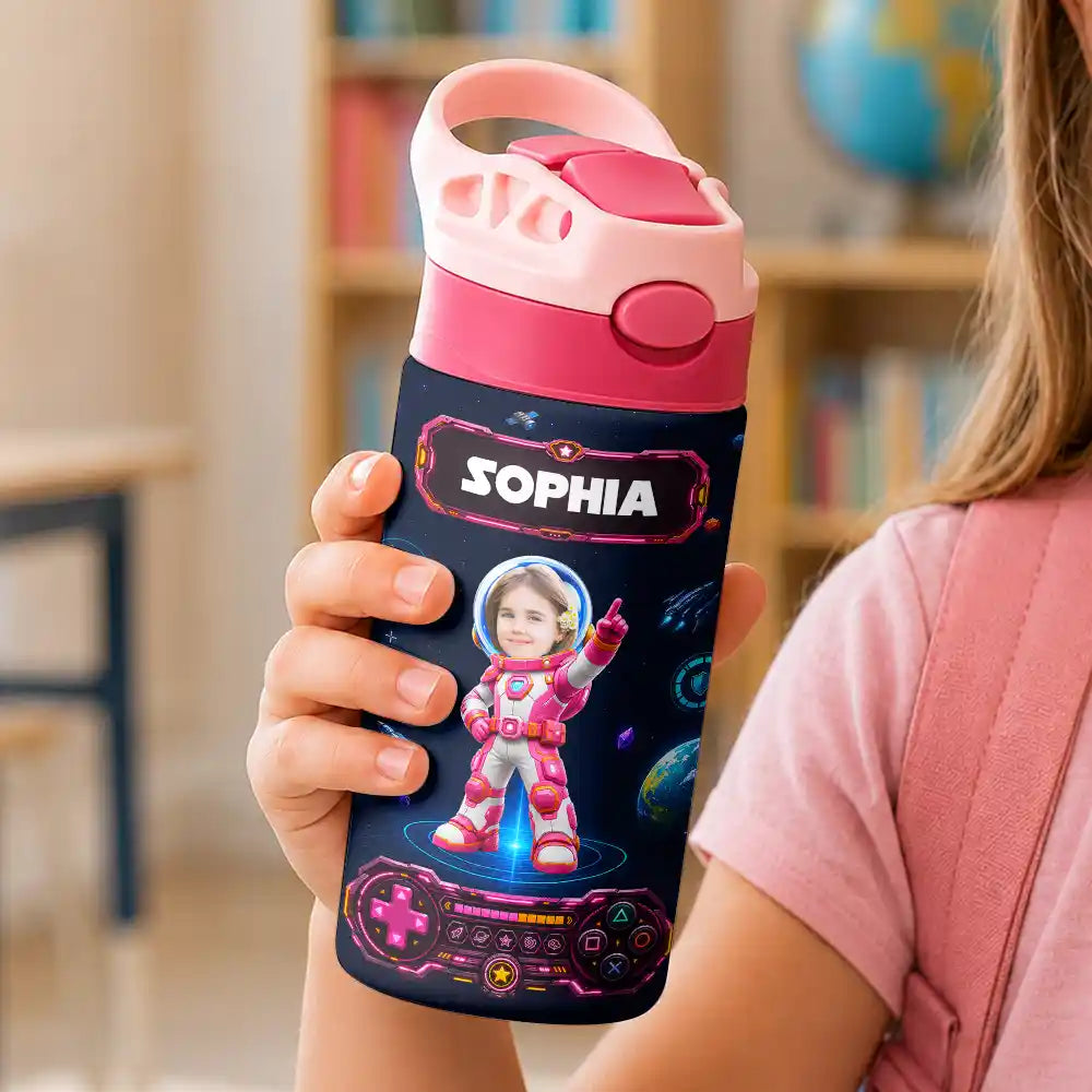 Adorable,Back To School,Custom Photo,Gift For Kids,Cut-Face Photo - Custom Photo Little Space Explorer - Personalized Insulated Water Bottle With Straw