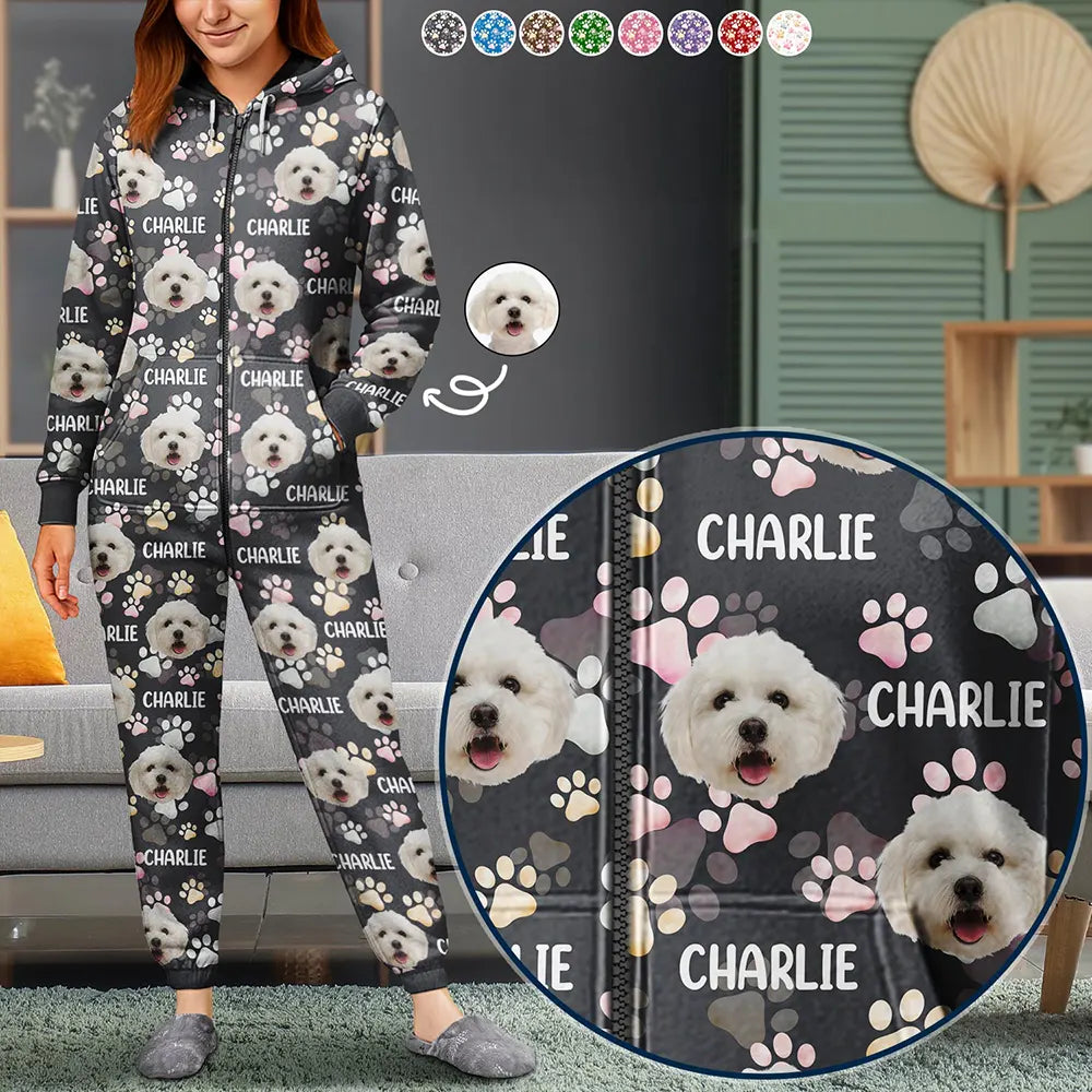 Custom Photo Lovely Pet Face Pattern Dog Cat Family - Personalized Overall Onesie Hooded Jumpsuit