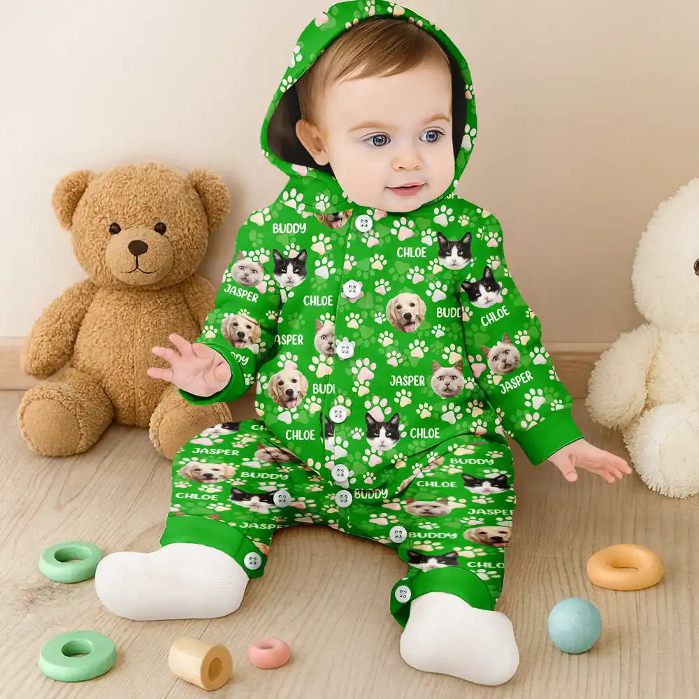 Cat Lovers, Pet Lovers, Dog Lovers, Dog Mom, Dog Dad, Cat Mom, Cat Dad, Happy - Custom Photo Lovely Pet Face Pattern Dog Cat Family - Personalized Overall Onesie Hooded Jumpsuit