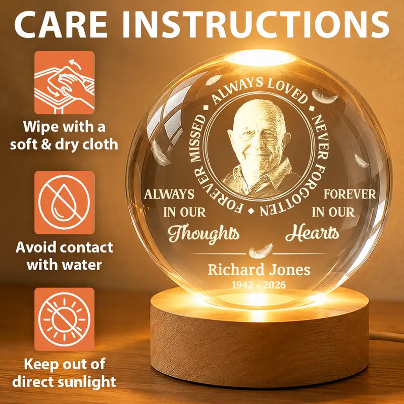 Sad, Memorial, Custom Photo - Custom Photo Memorial Always Loved Never Forgotten - Personalized Crystal Globe Lamp