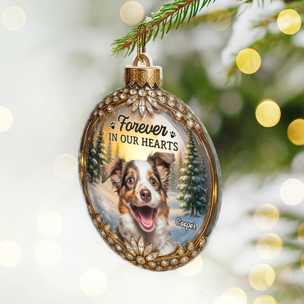 Memorial,Sad,Gift For Women,Gift For Men,Pet Lovers,Pet Mom,Pet Dad,Pet Couple,Cat Lovers,Cat Mom,Cat Dad,Cat Couple,Dog Lovers,Dog Mom,Dog Dad,Dog Couple,Top Market,Christmas - Custom Photo Memorial Christmas Forever In My Heart - Personalized Custom Shaped Acrylic Ornament