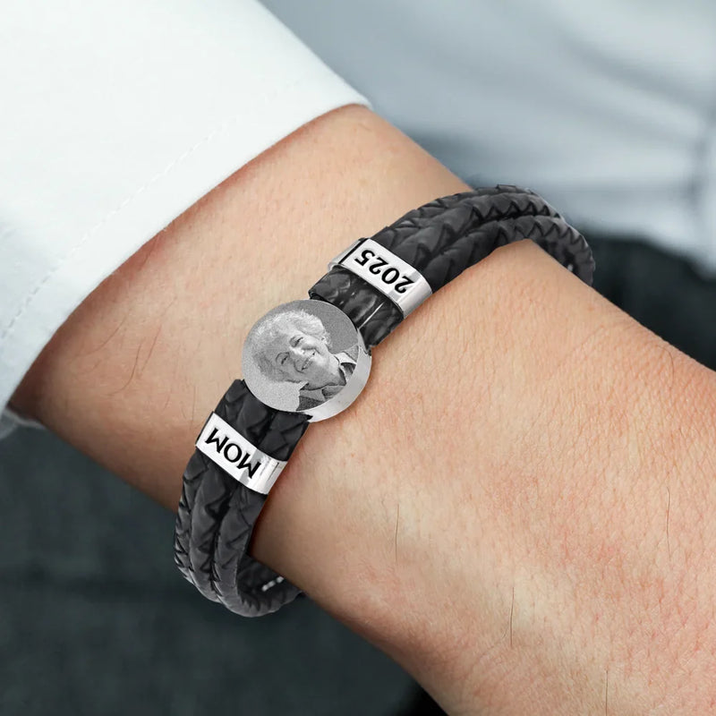 Sad, Memorial, Gift For Father, Gift For Yourself, Parents, Gift For Mother, Gift For Grandparents, Gift For Sibling - Custom Photo Memorial Dad Mom Family - Personalized Leather Braided Bracelet