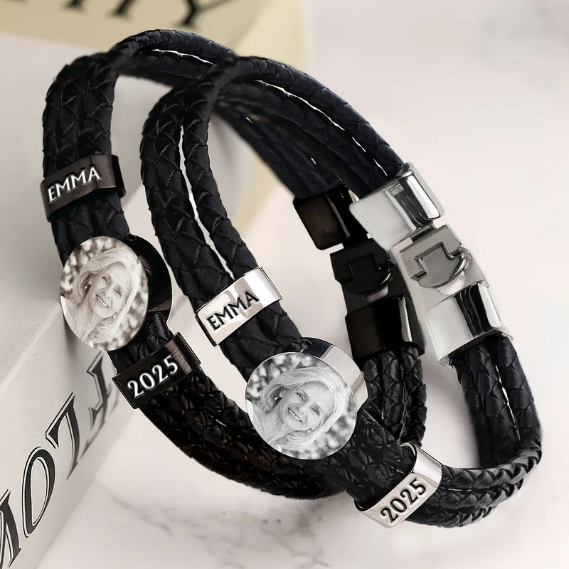 Sad, Memorial, Gift For Father, Gift For Yourself, Parents, Gift For Mother, Gift For Grandparents, Gift For Sibling - Custom Photo Memorial Dad Mom Family - Personalized Leather Braided Bracelet