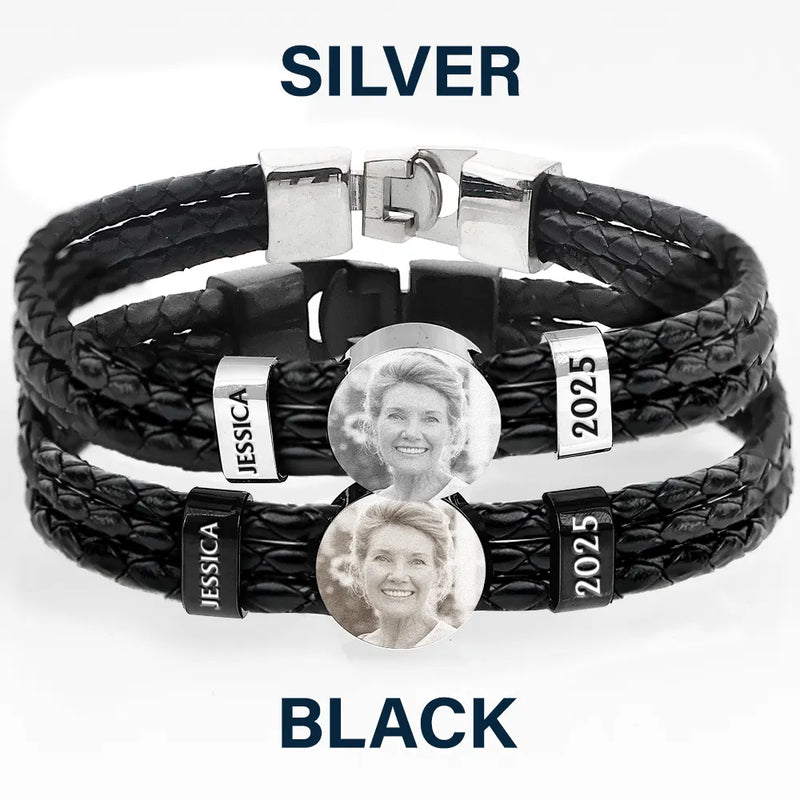 Sad, Memorial, Gift For Father, Gift For Yourself, Parents, Gift For Mother, Gift For Grandparents, Gift For Sibling - Custom Photo Memorial Dad Mom Family - Personalized Leather Braided Bracelet