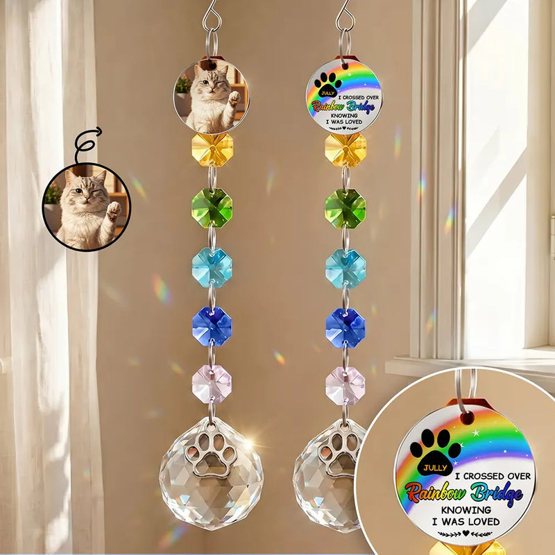 Christmas,Custom Photo,Sympathetic,Pet Lovers,Memorial,Upload Full Photo - Custom Photo Memorial Dog Cat Look For Me In The Rainbows - Personalized Crystal Suncatcher With Charm
