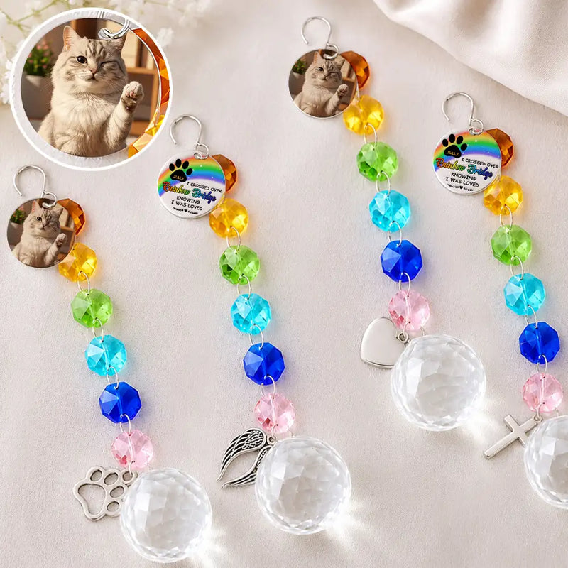 Christmas,Custom Photo,Sympathetic,Pet Lovers,Memorial,Upload Full Photo - Custom Photo Memorial Dog Cat Look For Me In The Rainbows - Personalized Crystal Suncatcher With Charm