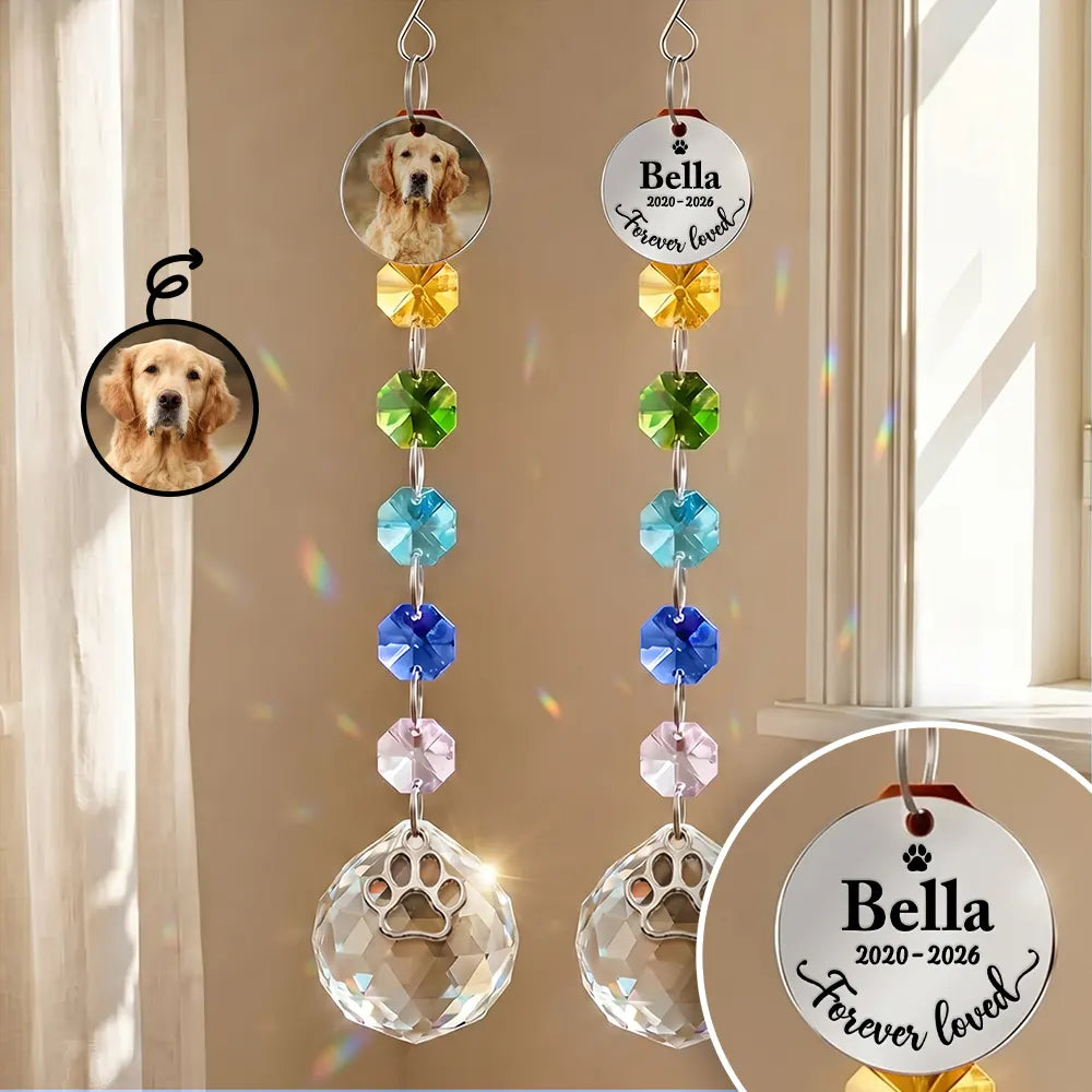 Christmas,Custom Photo,Sympathetic,Pet Lovers,Memorial,Upload Full Photo - Custom Photo Memorial Dog Cat Pet Forever Loved - Personalized Crystal Suncatcher With Charm