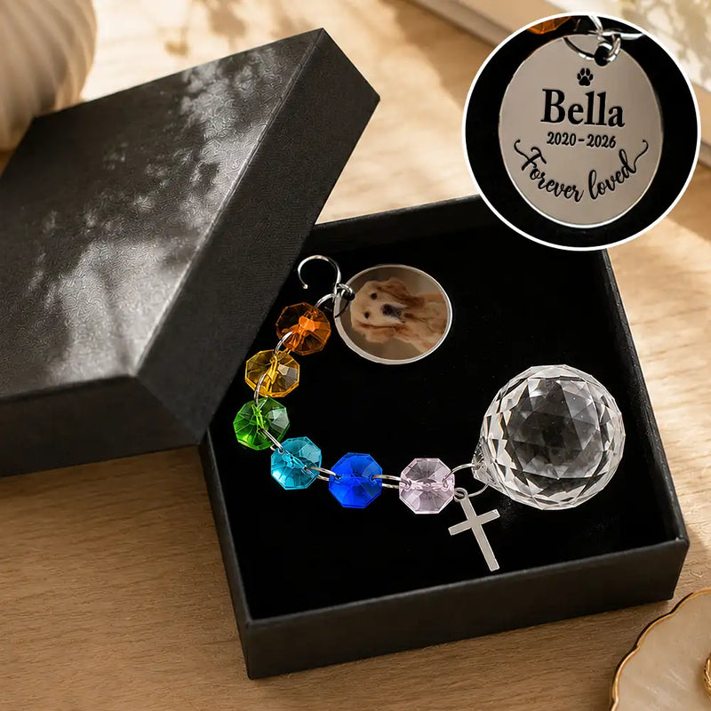Christmas,Custom Photo,Sympathetic,Pet Lovers,Memorial,Upload Full Photo - Custom Photo Memorial Dog Cat Pet Forever Loved - Personalized Crystal Suncatcher With Charm