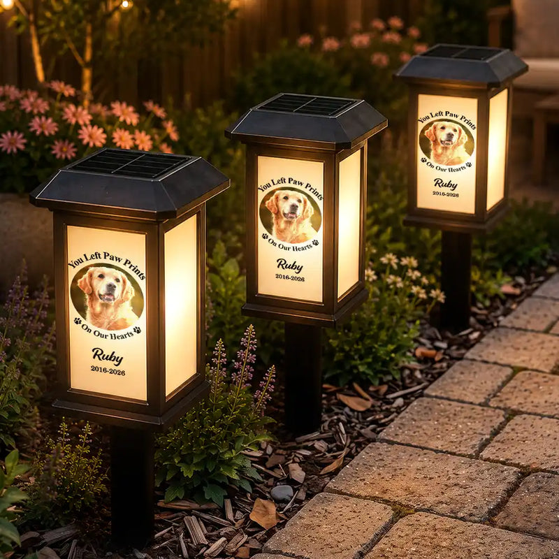 Christmas,Custom Photo,Sympathetic,Pet Lovers,Memorial,Upload Full Photo - Custom Photo Memorial Dog Cat Pet You Left Paw Prints On My Heart - Personalized Solar Garden Light