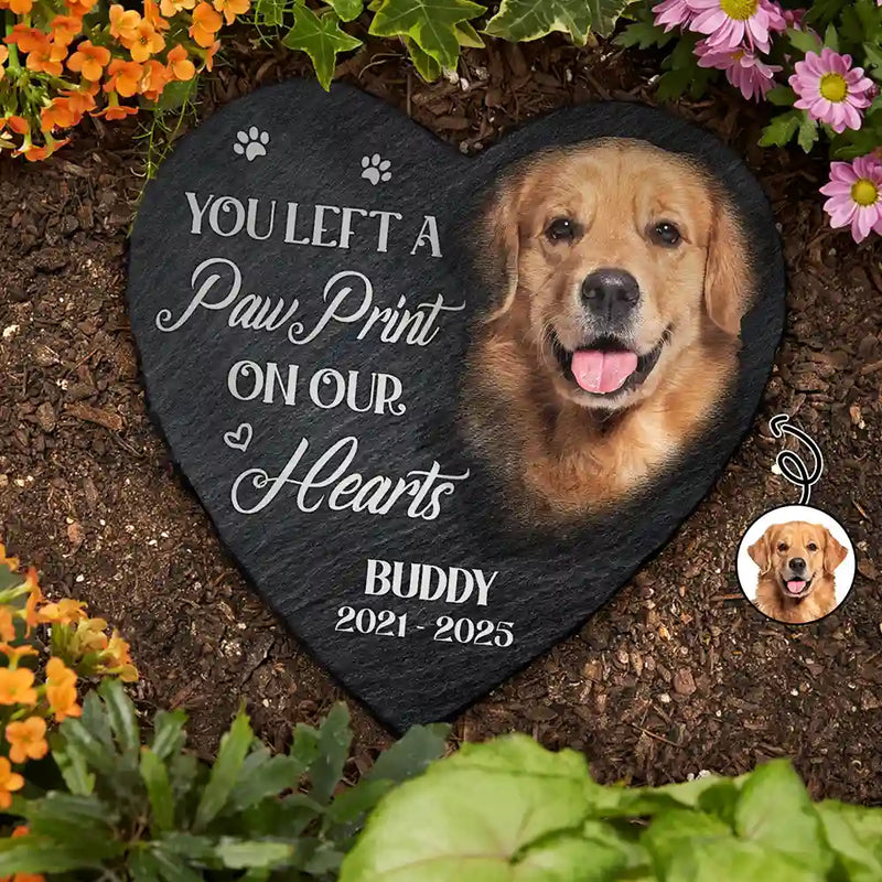 Sad,Memorial,Dog Lovers,Pet Lovers - Custom Photo Memorial Dog Cat You Left A Paw Print - Personalized Heart Memorial Garden Stone