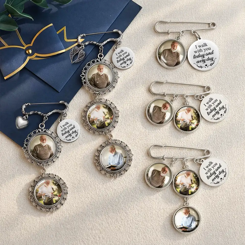 Custom Photo, Sympathetic, Gift For Yourself, Wedding, Dynamic Photo - Custom Photo Memorial Family Walk With Me Today - Personalized Lapel Pin